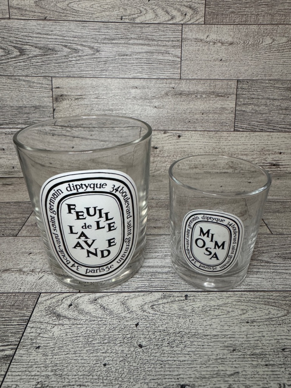 2 Diptyque Empty Glass Candle Jars Feuille De Lavande 6.5 oz and Mimosa 2.4 oz